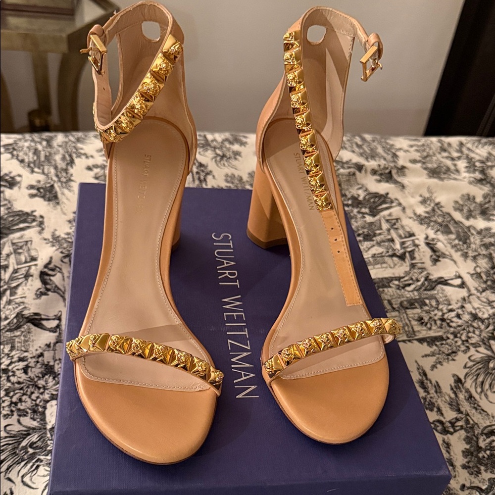 Stuart Weitzman Tan Heels with Gold Embellishments